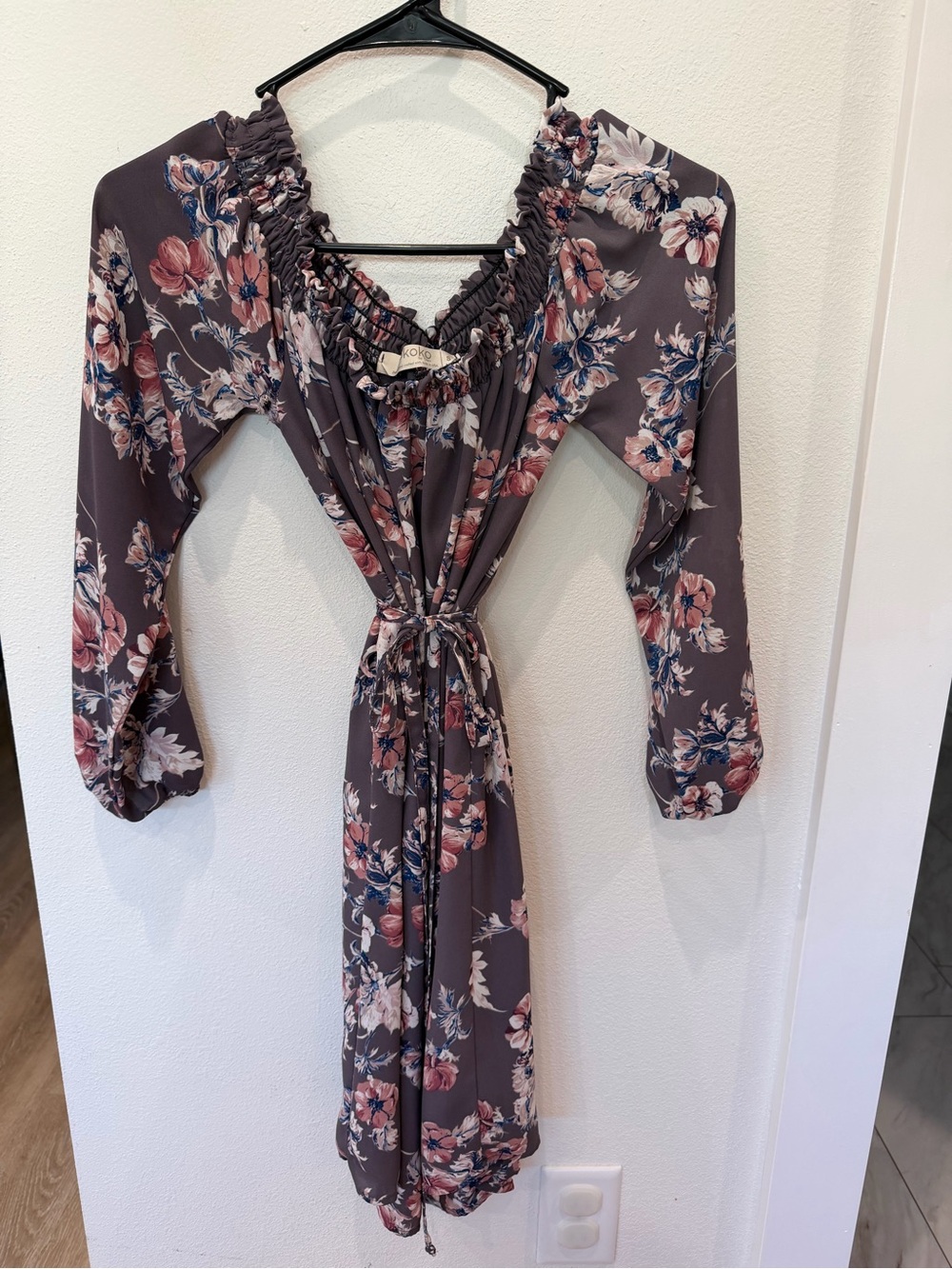KOKO Mauve Floral Mini Dress with Waist Tie